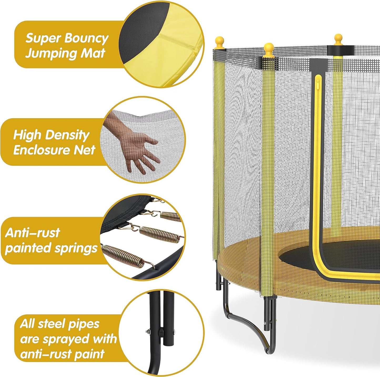 60" Kids Trampoline with Safety Enclosure Net, 5FT Toddler Indoor & Outdoor Trampoline/w Basketball Hoop