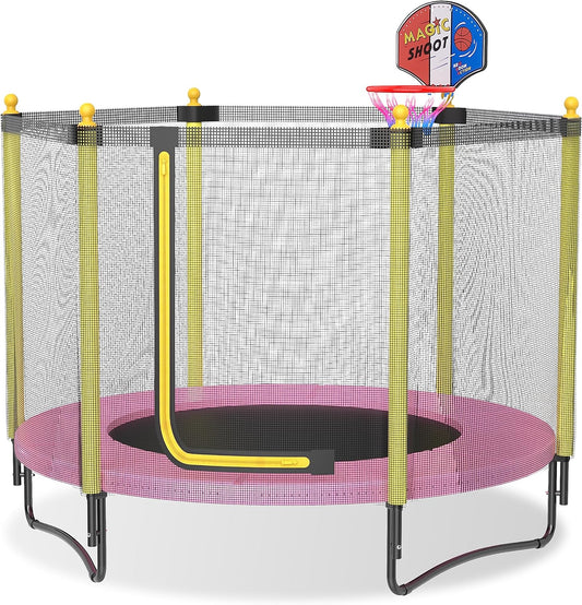 60" Kids Trampoline with Safety Enclosure Net, 5FT Toddler Indoor & Outdoor Trampoline/w Basketball Hoop