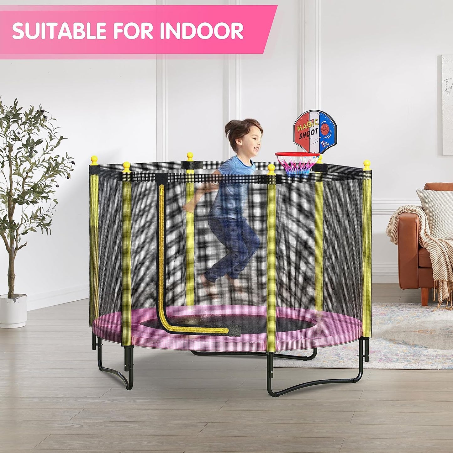 60" Kids Trampoline with Safety Enclosure Net, 5FT Toddler Indoor & Outdoor Trampoline/w Basketball Hoop